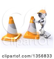 Poster, Art Print Of 3d Futuristic Robot Construction Worker Moving Giant Cones On A Shaded White Background