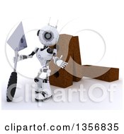 3d Futuristic Robot Mason Holding A Trowel And Presenting By Giant Bricks On A Shaded White Background