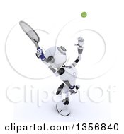 Clipart Of A 3d Futuristic Robot Playing Tennis On A Shaded White Background Royalty Free Illustration