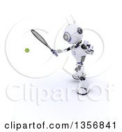 Clipart Of A 3d Futuristic Robot Playing Tennis On A Shaded White Background Royalty Free Illustration