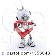 Poster, Art Print Of 3d Futuristic Robot Hugging A Red Heart On A Shaded White Background