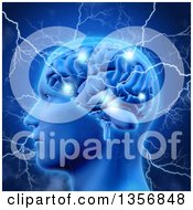 Poster, Art Print Of 3d Profiled Head And Human Brain Sparking And Being Struck With Lightning Bolts Over Blue