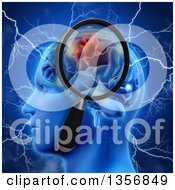 Clipart Of A 3d Profiled Head And Human Brain Sparking And Being Struck With Lightning Bolts With A Magnifying Glass Over Blue Royalty Free Illustration