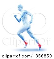Poster, Art Print Of 3d Blue Anatomical Man Running With Glowing Ankle Joints On White
