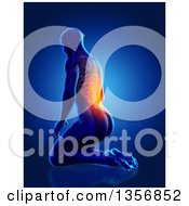 Poster, Art Print Of 3d Anatomical Man Kneeling On The Floor With Glowing Pain And Visible Skeleton On Blue