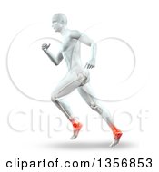 Poster, Art Print Of 3d Anatomical Man With Visible Leg Bones Running With Glowing Ankle Joints On White
