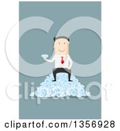 Poster, Art Print Of Flat Design White Businessman Sitting On A Pile Of Diamonds On Blue