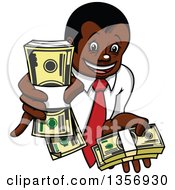 Poster, Art Print Of Cartoon Rich Black Businessman Holding Up Cash Bundles
