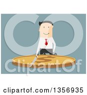 Poster, Art Print Of Flat Design White Businessman Cutting A Giant Gold Dollar Coin With A Knife On Blue