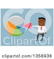 Poster, Art Print Of Flat Design Black Businesman Taking Or Inserting A Piece To A Pie Chart On Blue