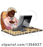 Poster, Art Print Of Cartoon Bespectacled Black Business Man Pointing Down At His Computer On A Desk