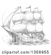 Poster, Art Print Of Sketched Gray Sailing Tall Ship