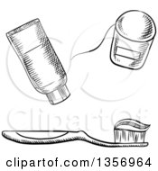 Poster, Art Print Of Black And White Sketched Toothbrush With Paste Floss And Tube