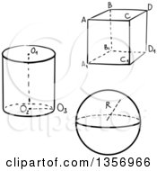 Poster, Art Print Of Black And White Sketched Geometric Shapes Of Cube Sphere And Circular Cylinder With Marked Sides And Facets