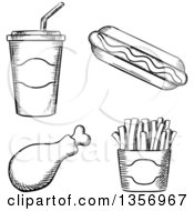 Poster, Art Print Of Black And White Sketched Fountain Soda Hot Dog Chicken Drumstick And French Fries