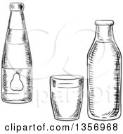 Poster, Art Print Of Black And White Sketched Pear Juice Bottle Glass And Milk Bottle