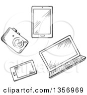 Poster, Art Print Of Black And White Sketched Camera Tablet Laptop And Smart Phone
