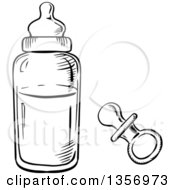 Clipart Of A Black And White Sketched Pacifier And Baby Bottle Royalty Free Vector Illustration by Vector Tradition SM