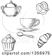 Black And White Sketched Sugar Bowl Coffee Cup Spoon Soft Pretzel Croissant And Cupcake