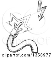 Clipart Of A Black And White Sketched Broken Electrical Power Cable With Sparking Wires And Lightning Bolt Royalty Free Vector Illustration