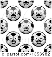 Poster, Art Print Of Seamless Background Pattern Of Grayscale Happy Soccer Ball Characters