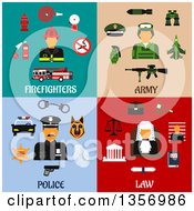 Poster, Art Print Of Flat Design Firefighter Army Police And Judge Designs