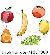 Poster, Art Print Of Cartoon Apple Banana Orange Lemon Green Grapes And Pear Fruits