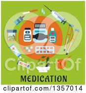 Poster, Art Print Of Circle Of Flat Design Medicines Over Text On Green