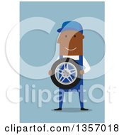 Poster, Art Print Of Flat Design Happy Black Mechanic Holding A Tire On Blue