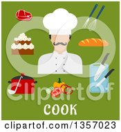 Flat Design Male Chef Avatar And Cooking And Food Icons Over Text On Green