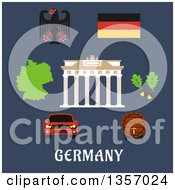 Poster, Art Print Of Fat Design Map Flag Black Eagle Emblem Oak Branches Wooden Barrel Of Beer Car And Brandenburg Gates Over Text On Blue