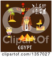 Poster, Art Print Of Flat Design Giza Pyramids Golden Mask Of Pharaoh Ancient Hieroglyphics Scarab Amulet Anubis God Amphora And Nature Landscape Of Palm Trees With Sun Over Text On Brown