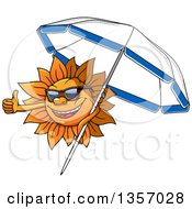 Poster, Art Print Of Cartoon Sun Character Wearing Shades Giving A Thumb Up And Holding A Parasol