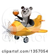 Clipart Of A 3d Panda Aviator Pilot Holding A Honey Jar And Flying A Yellow Airplane On A White Background Royalty Free Illustration