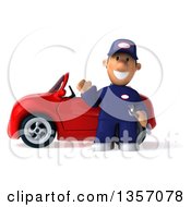 Clipart Of A 3d Short White Male Auto Mechanic By A Red Convertible Car On A White Background Royalty Free Illustration
