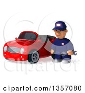 Clipart Of A 3d Short White Male Auto Mechanic By A Red Convertible Car On A White Background Royalty Free Illustration