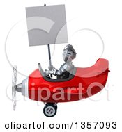 Clipart Of A 3d Armored Chevallier Knight Aviator Pilot Holding A Blank Sign And Flying A Red Airplane On A White Background Royalty Free Illustration
