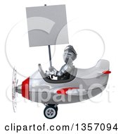 Clipart Of A 3d Armored Chevallier Knight Aviator Pilot Holding A Blank Sign And Flying A White And Red Airplane On A White Background Royalty Free Illustration