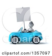 Clipart Of A 3d Armored Chevallier Knight Holding A Blank Sign And Driving A Blue Convertible Car On A White Background Royalty Free Illustration