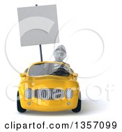 Clipart Of A 3d Armored Chevallier Knight Holding A Blank Sign And Driving A Yellow Convertible Car On A White Background Royalty Free Illustration