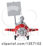 Clipart Of A 3d Armored Chevallier Knight Aviator Pilot Holding A Blank Sign And Flying A Red Airplane On A White Background Royalty Free Illustration