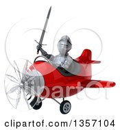 Clipart Of A 3d Armored Chevallier Knight Aviator Pilot Flying A Red Airplane On A White Background Royalty Free Illustration