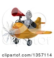 Clipart Of A 3d Armored Chevallier Knight Aviator Pilot Using A Megaphone And Flying A Yellow Airplane On A White Background Royalty Free Illustration