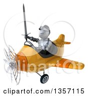 Clipart Of A 3d Armored Chevallier Knight Aviator Pilot Flying A Yellow Airplane On A White Background Royalty Free Illustration