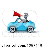 Clipart Of A 3d Armored Chevallier Knight Using A Megaphone And Driving A Blue Convertible Car On A White Background Royalty Free Illustration