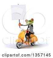 Clipart Of A 3d Green Business Frog Holding A Blank Sign And Riding A Yellow Scooter On A White Background Royalty Free Illustration