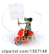 Clipart Of A 3d Green Business Frog Wearing Sunglasses Holding A Blank Sign And Riding An Orange Scooter On A White Background Royalty Free Illustration