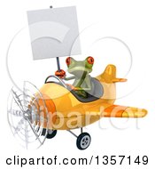Clipart Of A 3d Green Springer Frog Aviator Pilot Holding A Blank Sign And Flying A Yellow Airplane On A White Background Royalty Free Illustration