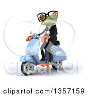 Clipart Of A 3d Green Bespectacled Business Frog Riding A Blue Scooter On A White Background Royalty Free Illustration