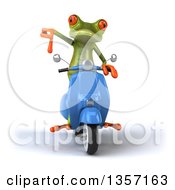 Clipart Of A 3d Green Springer Frog Giving A Thumb Down And Riding A Blue Scooter On A White Background Royalty Free Illustration